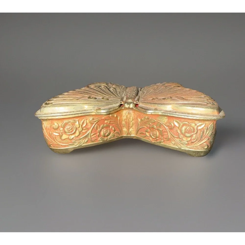 VTG Brass Butterfly Trinket Box Hinged Wings Red Velvet Lining & Accents Floral‎